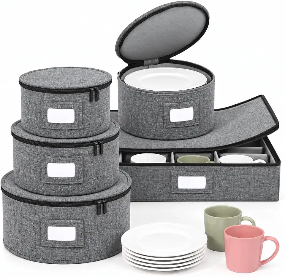 Vailando Hard Shell China Storage Containers, 5 Piece Dinnerware Storage Set for Dinner Plates, Salad Plates, Wine Glasses and Mugs, Quilted Dividers for Moving and Seasonal Storage, Gray