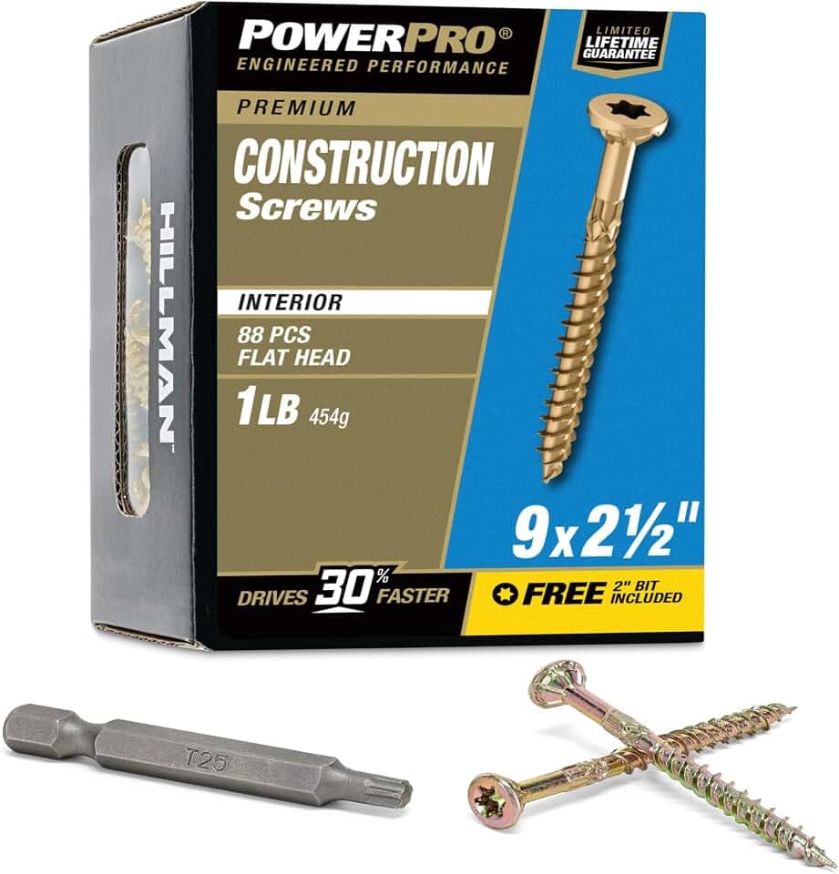 Power Pro Interior Wood Screws, #9 x 2-1/2in, 88 Pieces, Yellow Gold Zinc