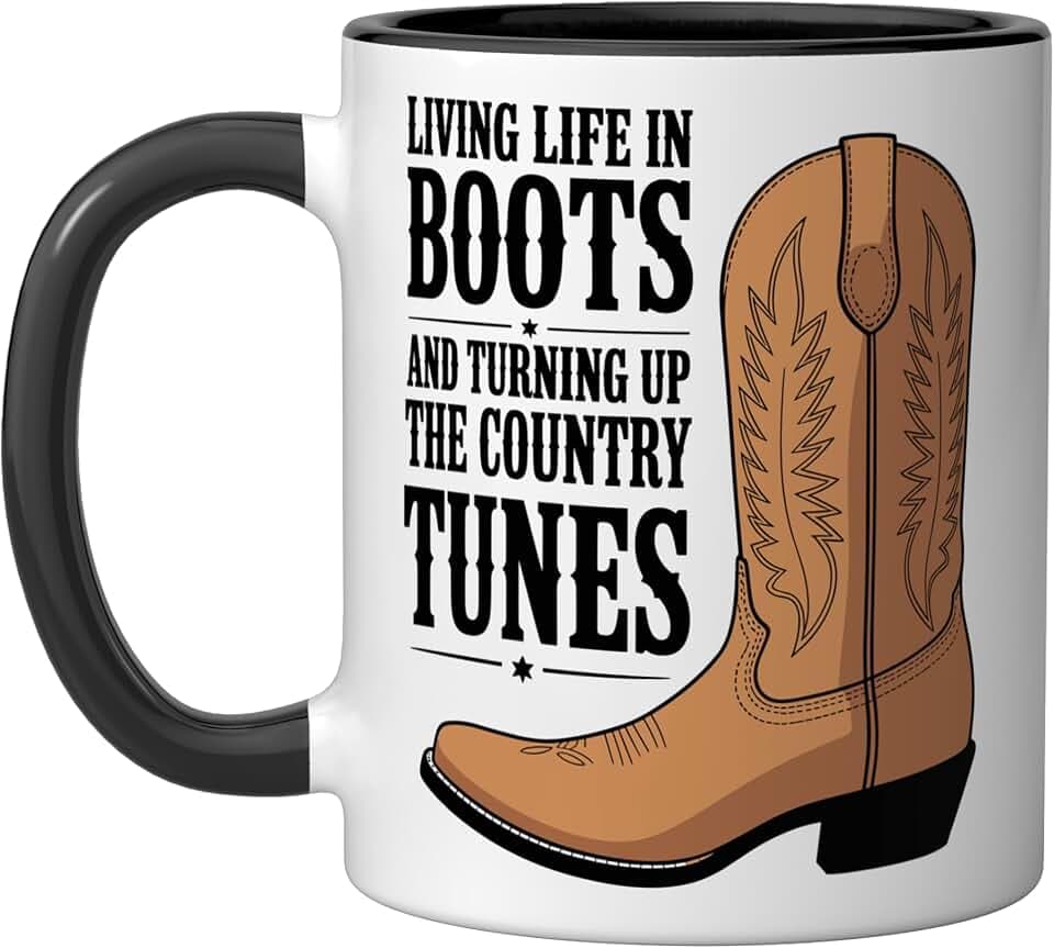 Living Life In Boots, Small Town Country Music Ceramic Mug, Black/White, 11oz