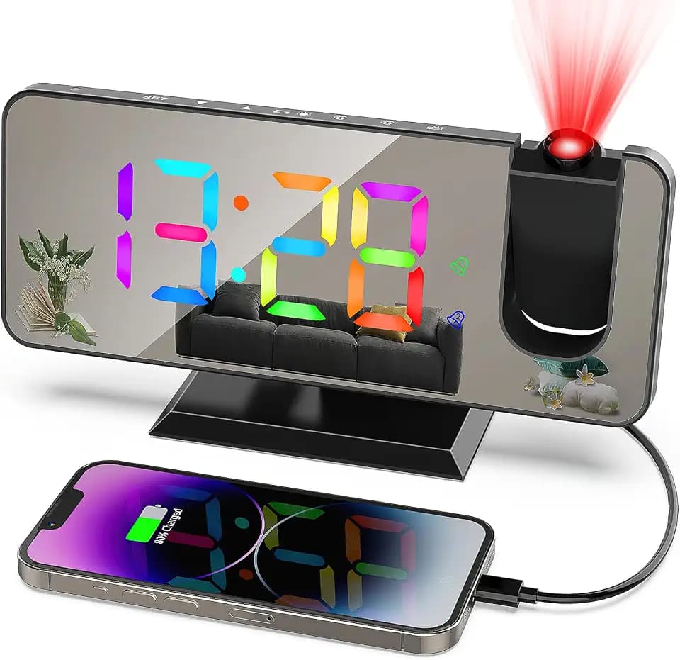 7.4" Wecker mit Projektion Wecker Digital Projektionswecker für Schlafzimmer Digitaler Wecker Tschuhr mit Großer LED-Anzeige, 5 Dimmer, USB-Ladegerät, 12/24H, Schlummer, Digital Uhr LED Wecker