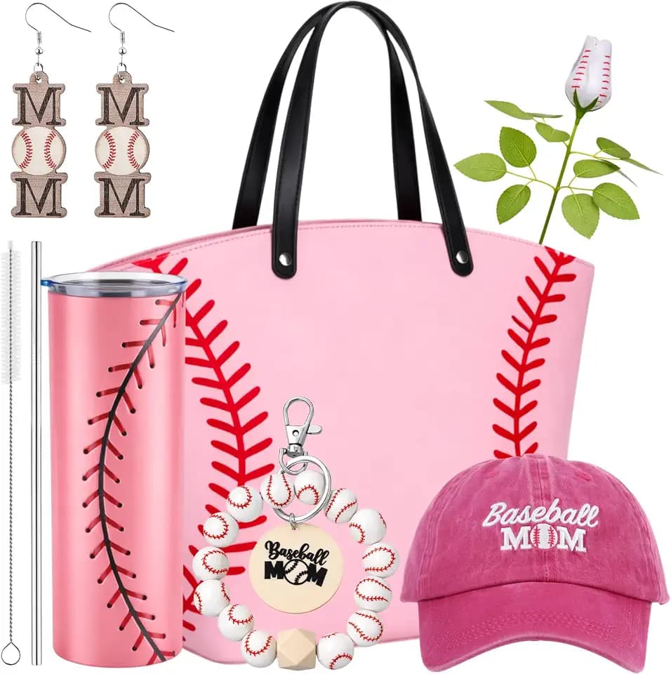 Sieral 6 Pcs Baseball Mom Gifts Set Include Baseball Tote Bags Stainless Steel Tumbler Cups Hat Keychain Earring Rose Flower Sport Mom Essentials for Birthday Sports Lover Women Party Favors(Pink)
