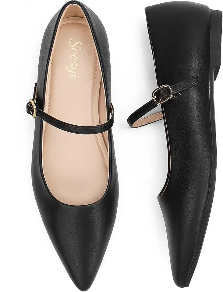 Soesyi Women's Mary Jane Flats Pointed Toe Closed Ballet Flats,Lightweight