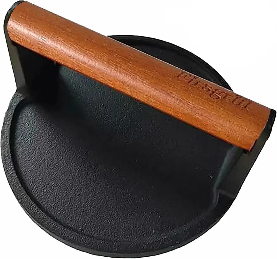 Firsgrill Burger Press 6.6" Round Heavy-Duty Cast Iron Smash Meat Steak with Wood Handle for Blackstone Weber Treager Griddle Grills (YPX) (Flate 6.5" Round)