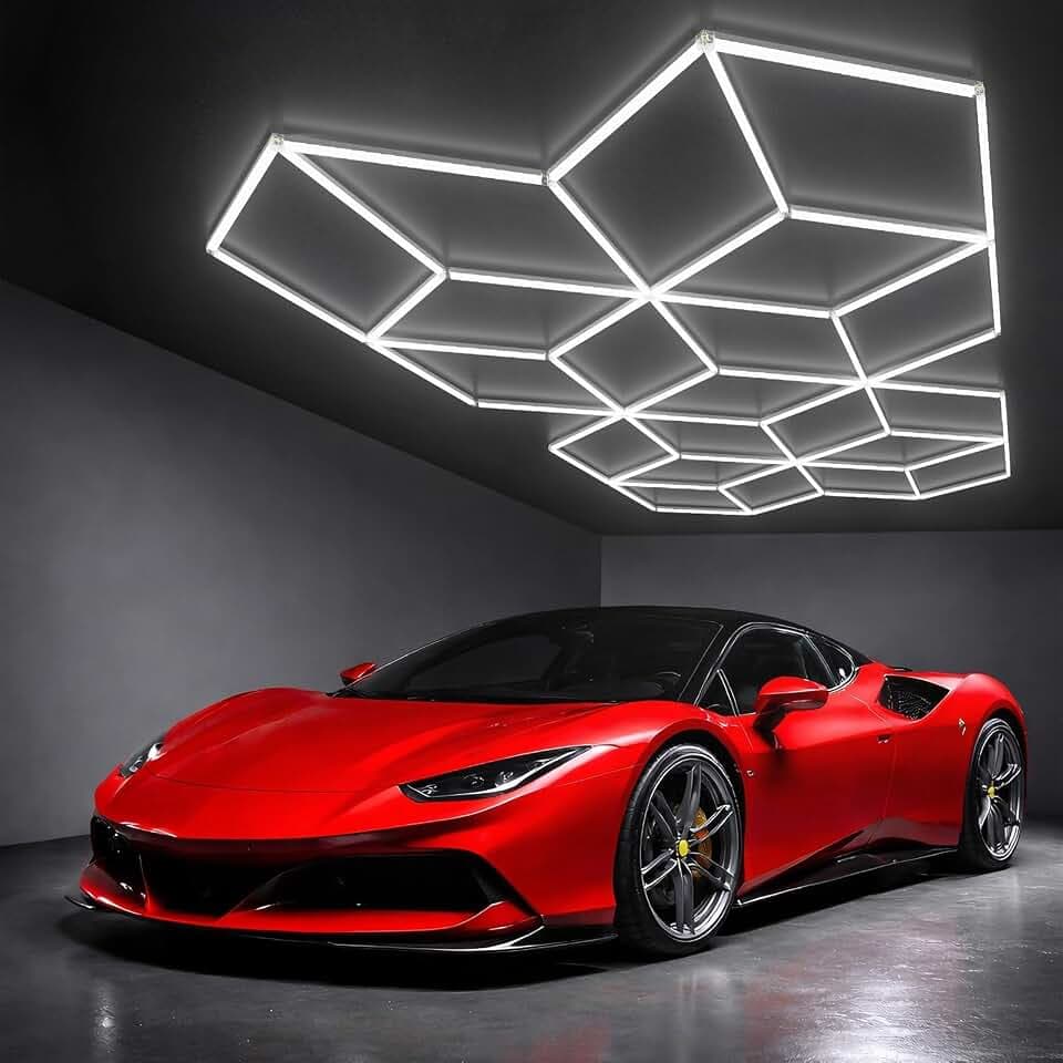 ALLYES Hexagon Garage Lights, LED Honeycomb Garage Lights, 338W 40560LM 6500K, 21 Rhombus Car Detailing Lighting for Workshop Showroom Basement Gym