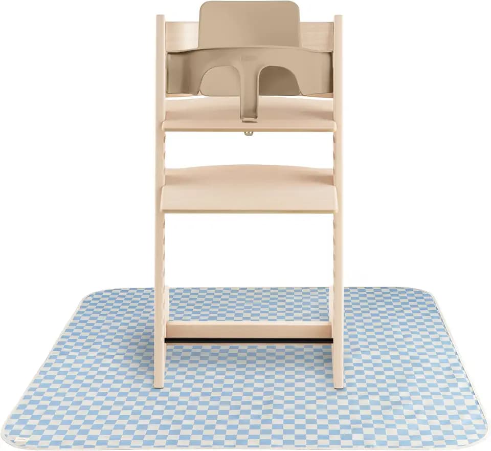 mushie Baby Splat Mat 42.5x42.5 Inch (Blue Check) | Water Resistant for Under High Chair and Infant Play