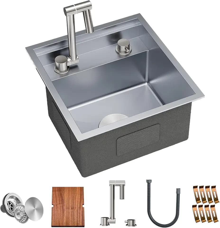 TORVA RV Kitchen Sink, 16 x 17 x 9 Inch Undermount Bar Sink 16 Gauge Stainless Steel Single Bowl Sink with Foldable Faucet Cutting Board, Grey