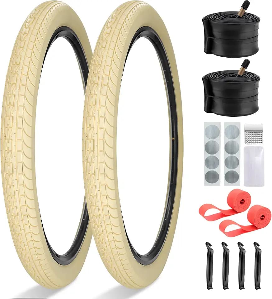 2 Pack 24"x2.125" 26"x2.125" 26"x2.35" Cream Cruiser Beach Bike Tires and Tubes with 2 Rim Strips Glueless Patches Kit Foldable Replacement Beach Bike Tires for City Hybrid Bicycles