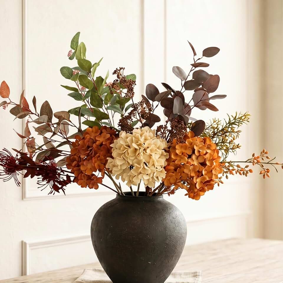 Fall Centerpieces for Tables - Burnt Orange Hydrangea & Eucalyptus Stems