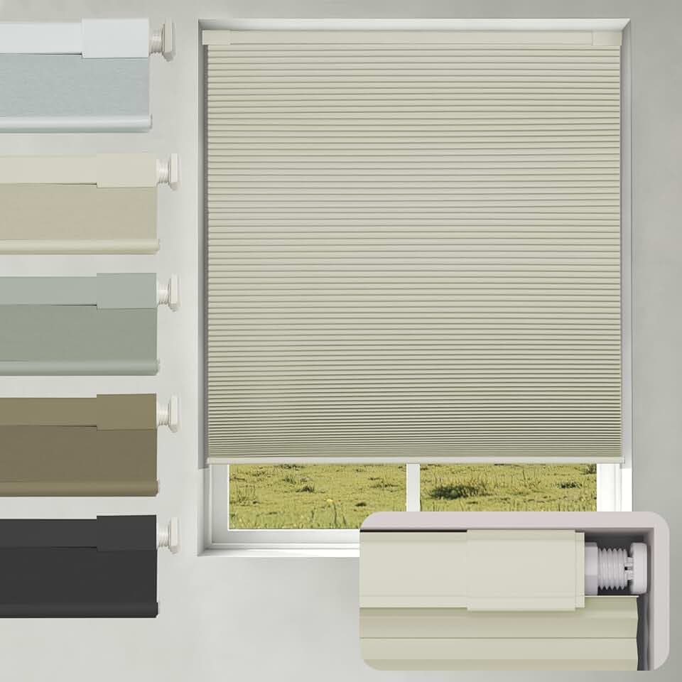 No Drill No Tools Blackout Cellular Shades,Cordless Blinds for Indoor Windows,Room Darkening Window Shades Honeycomb Blinds for Bedroom,Office,Home,Beige,32.5" w x 64" h