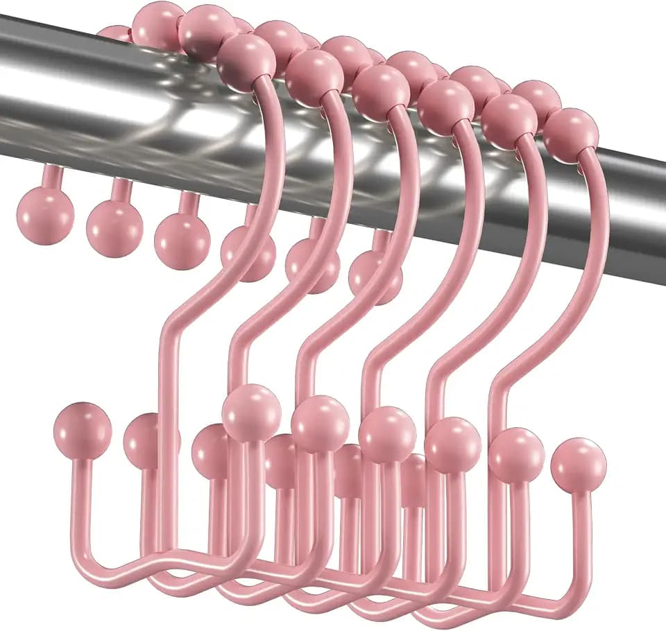 Titanker Shower Curtain Hooks Rings, Rust-Resistant Metal Double Glide Shower Hooks for Bathroom Shower Rods Curtains, Set of 12 Hooks - Light Pink