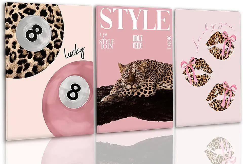 3 PCS Pink Leopard Canvas Wall Art Trendy Cheetah 8 Ball Bow Poster Prints Y2k Coquette Preppy Lucky Aesthetic Fashion Pictures Art for Girls Bedroom Dorm Living Room Apartment Decor 12*16In (Stretched Canvas On A Wooden Frame)