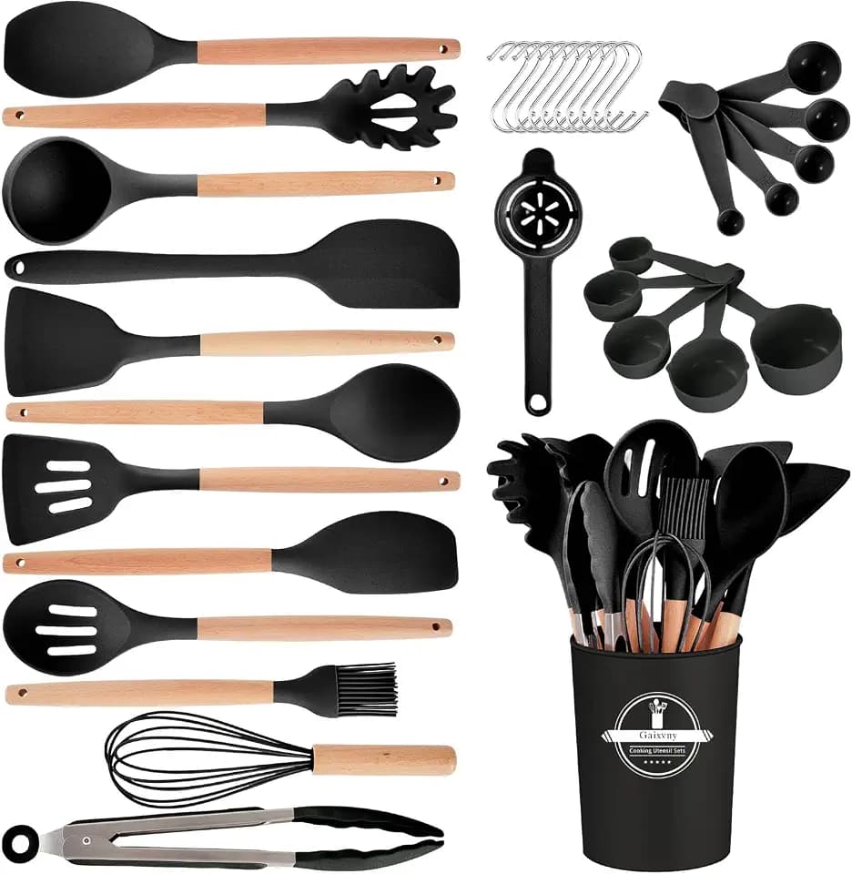 Kitchen Utensils Set - 34 PCS Non-Stick Silicone Cooking Utensils Set Spatula Set with Holder, Wooden Handle Spoon,Brush,Whisk Kitchen Gadgets Tools Set for Nonstick Cookware (Black-34P)