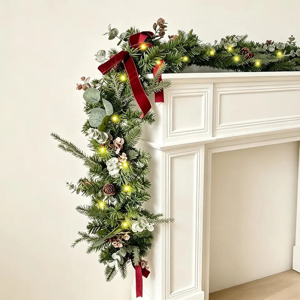 WANNA-CUL 9ft Christmas Garland with Lights Burgundy Ribbon Bells Pine Cone