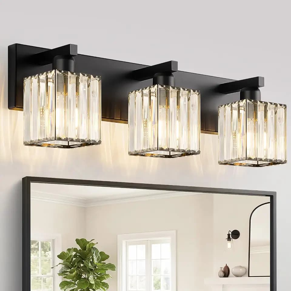 Bathroom Light Fixtures Matte Black 3-Light Crystal Vanity Lights