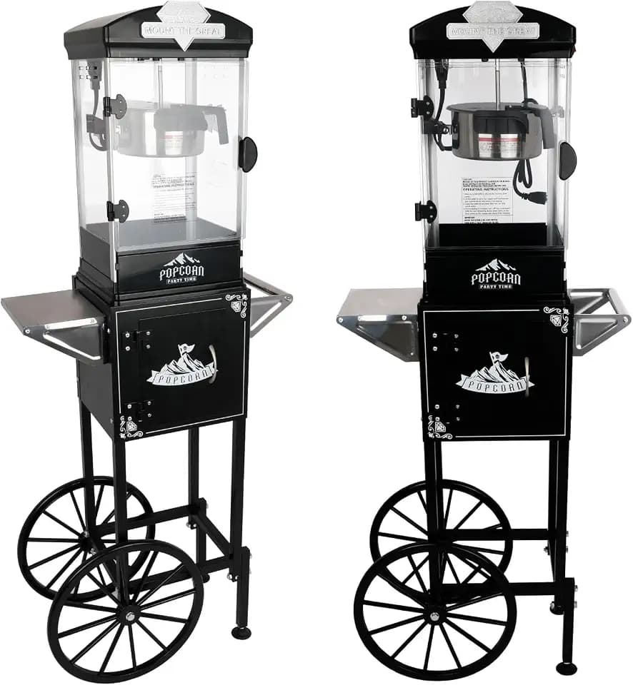 Ball & Cast 10 Oz Popcorn Popper Machine Theater Style on Wheeled Cart with 3 Plastic Spoon,Vintage-Style Popper on Wheels Popcorn Machines for Home & Commercial,Popcorn Popper for Party,Black