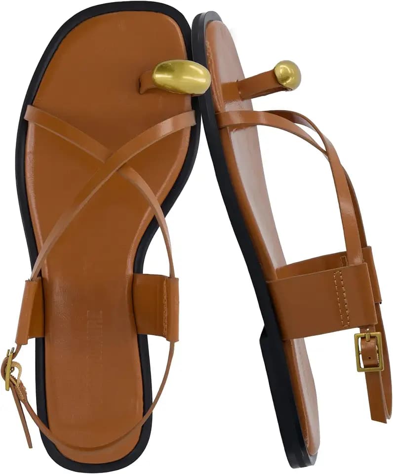 CUSHIONAIRE Corfu Flat Sandals for Women – Strappy Design with Toe Loop and Adjustable Ankle Strap – Lightweight Summer Dress Sandal