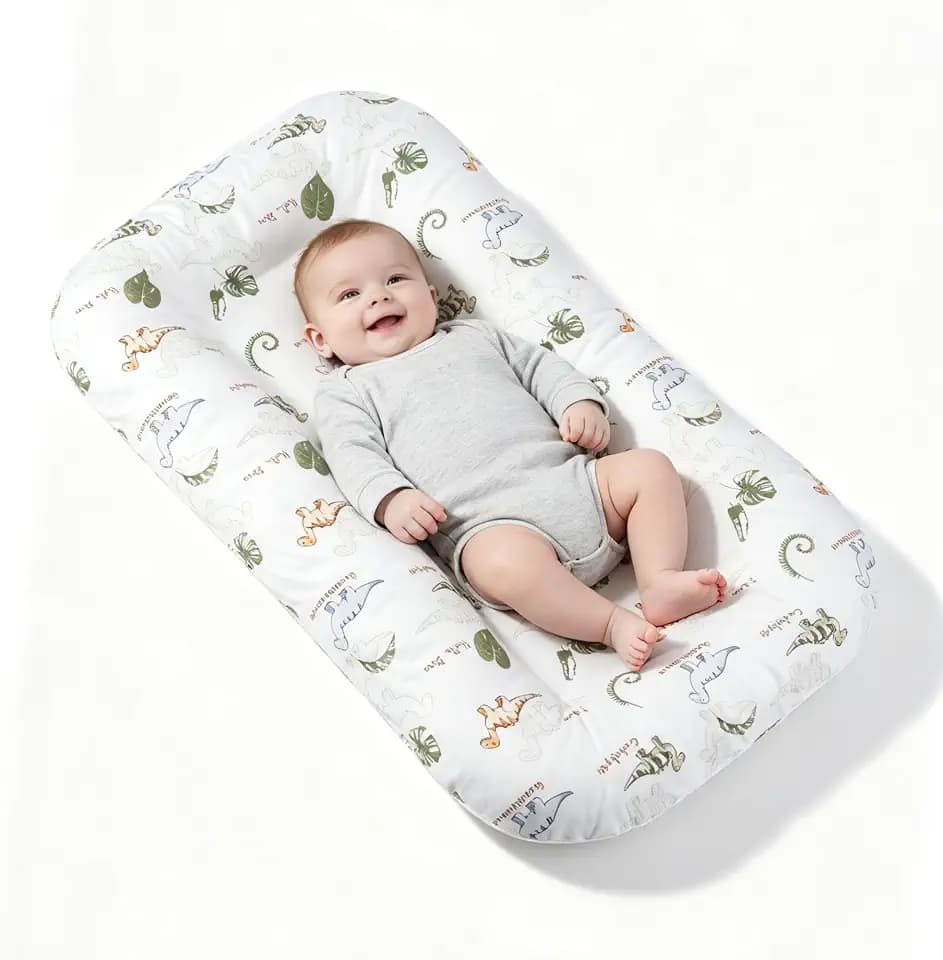 Extra Large Baby Lounger 0-12 Months, 33.5" x 19.7" Infant Support Cushion with Removable 100% Cotton Cover, No-Zipper Envelope Design, High-Density Filling for Tummy Time Green Leaf Dinosaur
