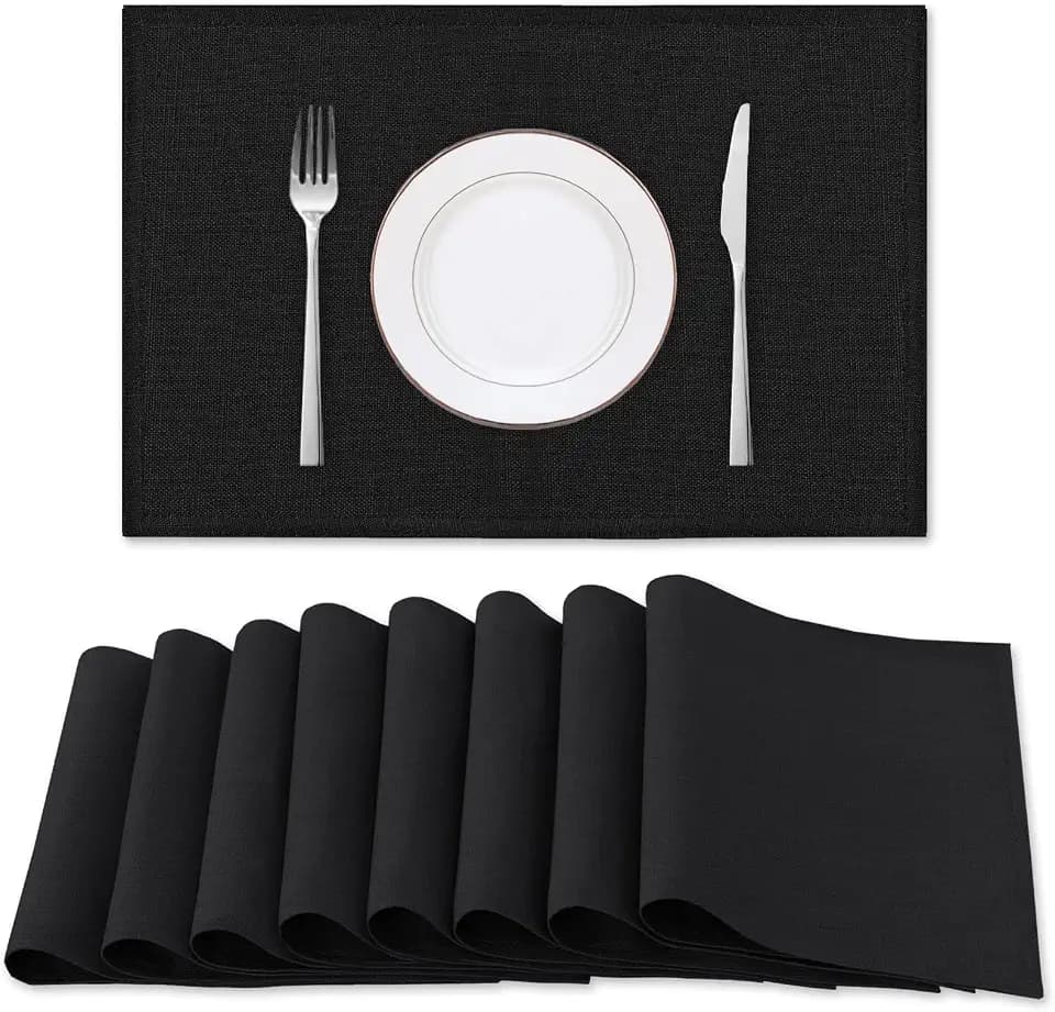 H.VERSAILTEX Linen Placemats Set of 8 Premium Solid Table Placemats for Dining Table Spill-Proof Waterproof Table Mats Heat-Resistant Kitchen Table Mats Washable, 12x18 inches, Black
