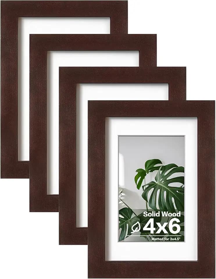 Egofine 4x6 Picture Frames with Plexiglass, Display Pictures 3x4.5 and 3.5x5 with Mat or 4x6 Without Mat Set of 4 for Tabletop and Wall Mounting, Walnut Color