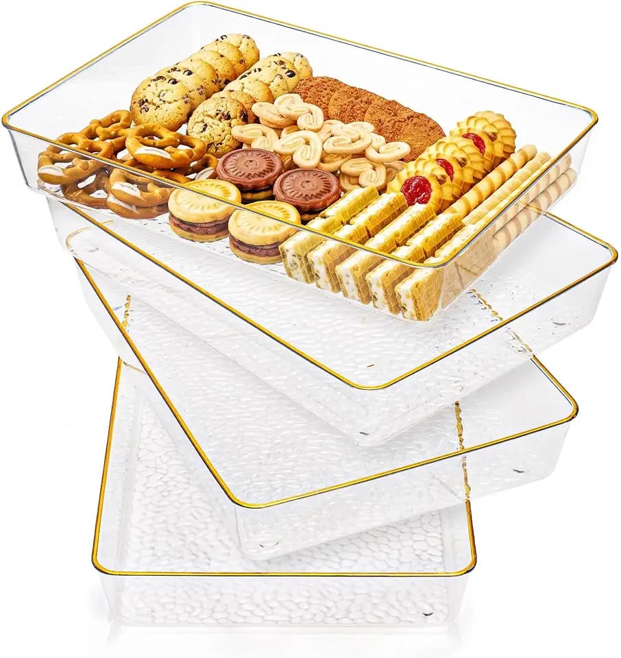 Cididu 4 Pack Clear Serving Trays, Deep Serving Platters Rectangle 12'' x 8'', Decorative Tray with Gold Rim, Reusable Plastic Tray Organizer for Coffee Table Pantry Party Food Display Spill Proof