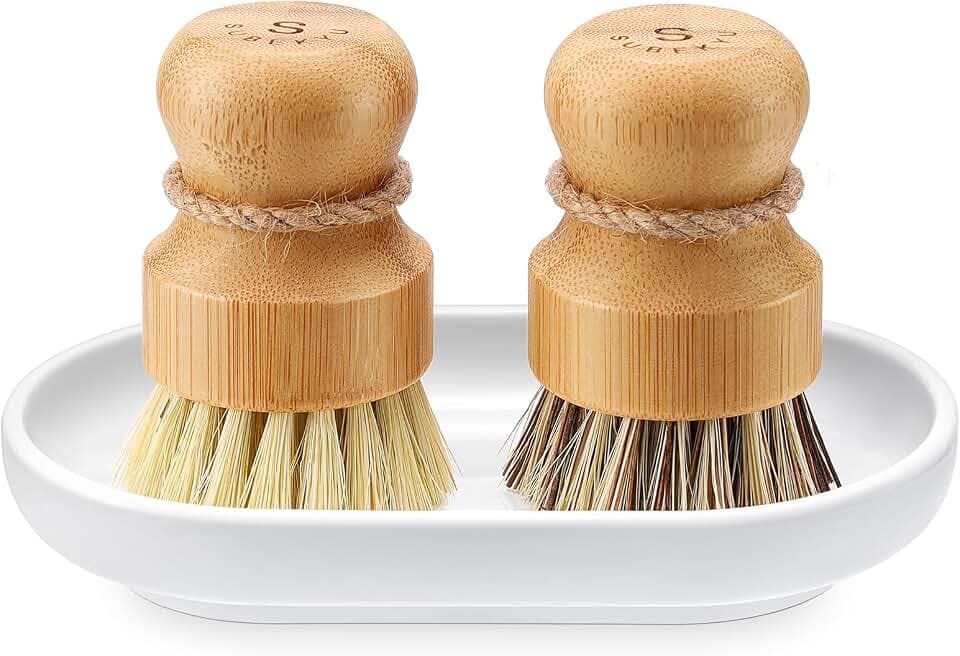 SUBEKYU Bamboo Dish Scrub Brush,Produce Brush,2 Pack with Ceramic Holder
