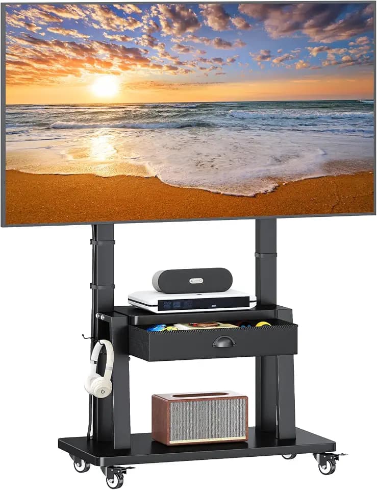 Mobile TV Stand on Wheels for 42-100 inch TVs up to 330lbs, Rolling TV Cart with Drawer & 2 Shelves, Adjustable Height, Portable TV Stand for Indoor Outdoor, Max VESA 600x900mm