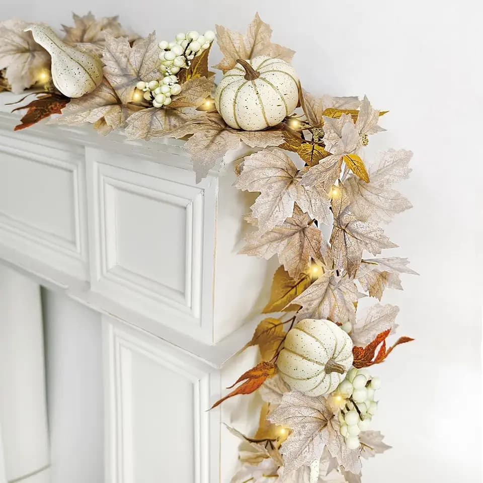 Fall Decorations for Home 6Ft Fall Garland with Lights, Fake Pumpkin Berry Autumn Maple Leaves Garland for Mantle Halloween Thanksgiving Fireplace Harvest Party, Fall Decor Indoor Outdoor Porch Vines