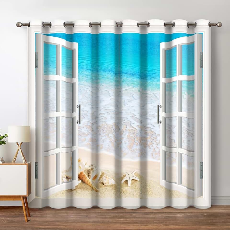 Jekeno Ocean Beach Blackout Curtains 2 Panel Set, 52"x84"