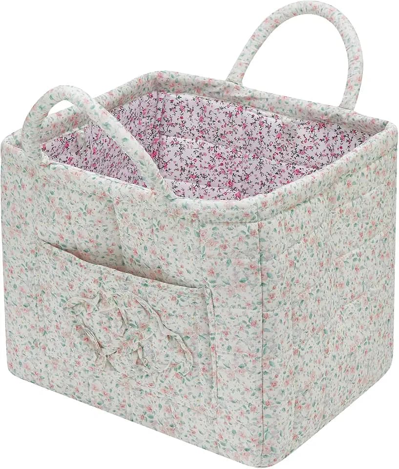 Boho Fabric Storage Basket Quilted Floral Print Baskets Organizer Bin with Handles for Home, Picnic, Shopping (Green, L)
