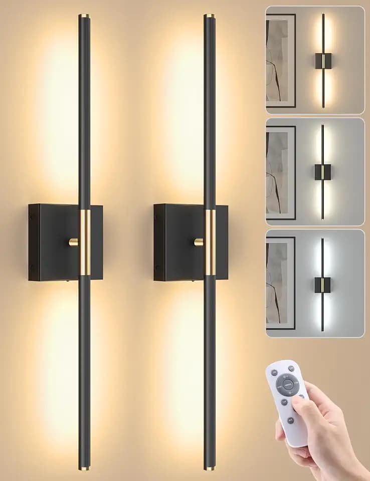 7800mAh Battery Operated Wall Sconces Set of Two, Rechargeable Wall Sconces with Remote, 360° Rotatable Battery Wall Sconce Decor, 27.6'' Wireless Wall Lights for Bedroom, Living Room(Black Gold)