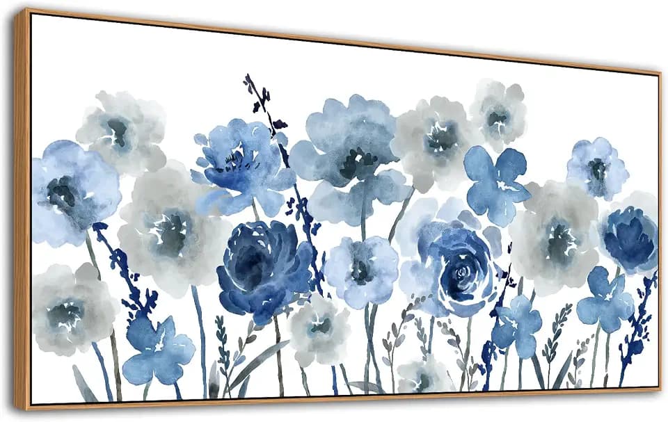 Framed Flowers Canvas Wall Art - Indigo Floral Canvas Pictures Living Room Wall Decor Botanical Canvas Prints Painting Abstract Artwork Bedroom Office Home Decor 29"x 58"