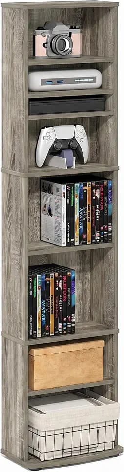 Furinno Jaya DVD Shelf, 8-Tier Tall Narrow CD Rack, Media Shelf with Adjustable Shelves, DVD Storage Cabinets for CD Bluray Game Disc, Easy Assembly, for Living Room, Home Office, French Oak