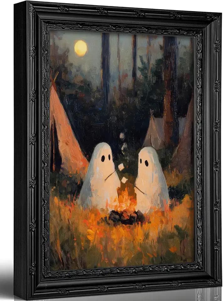 Framed Vintage Ghosts Camping Wall Art, Cute Spooky Halloween Canvas Poster Print, Whimsical Gothic Cottagecore Wall Decor for Living Room Bedroom, Halloween Lover Gift