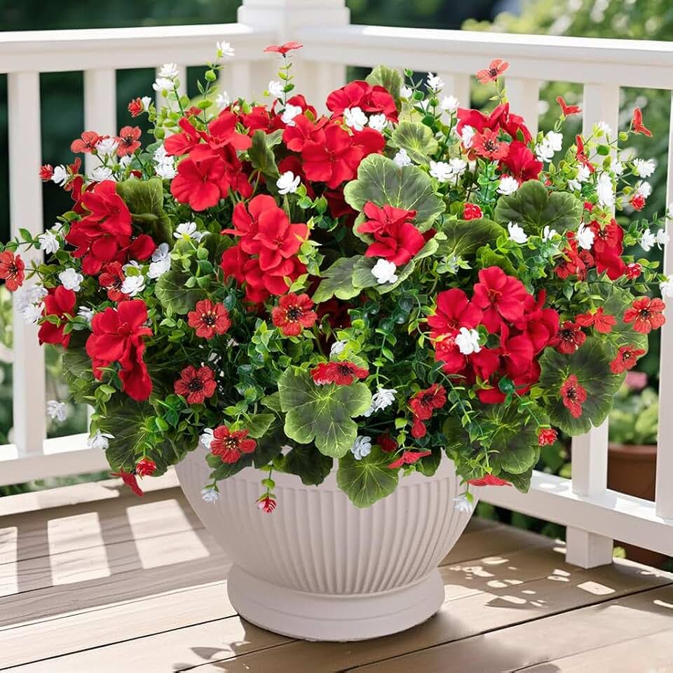 Ouddy Decor 18'' Artificial Geraniums Flowers for Outdoors Decor, Red