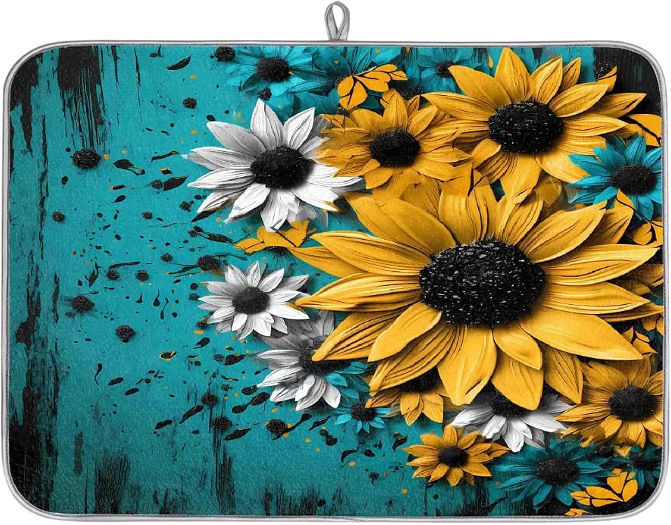 Dish Drying Mat Turquoise Wooden Sunflower Coffee Bar Mats