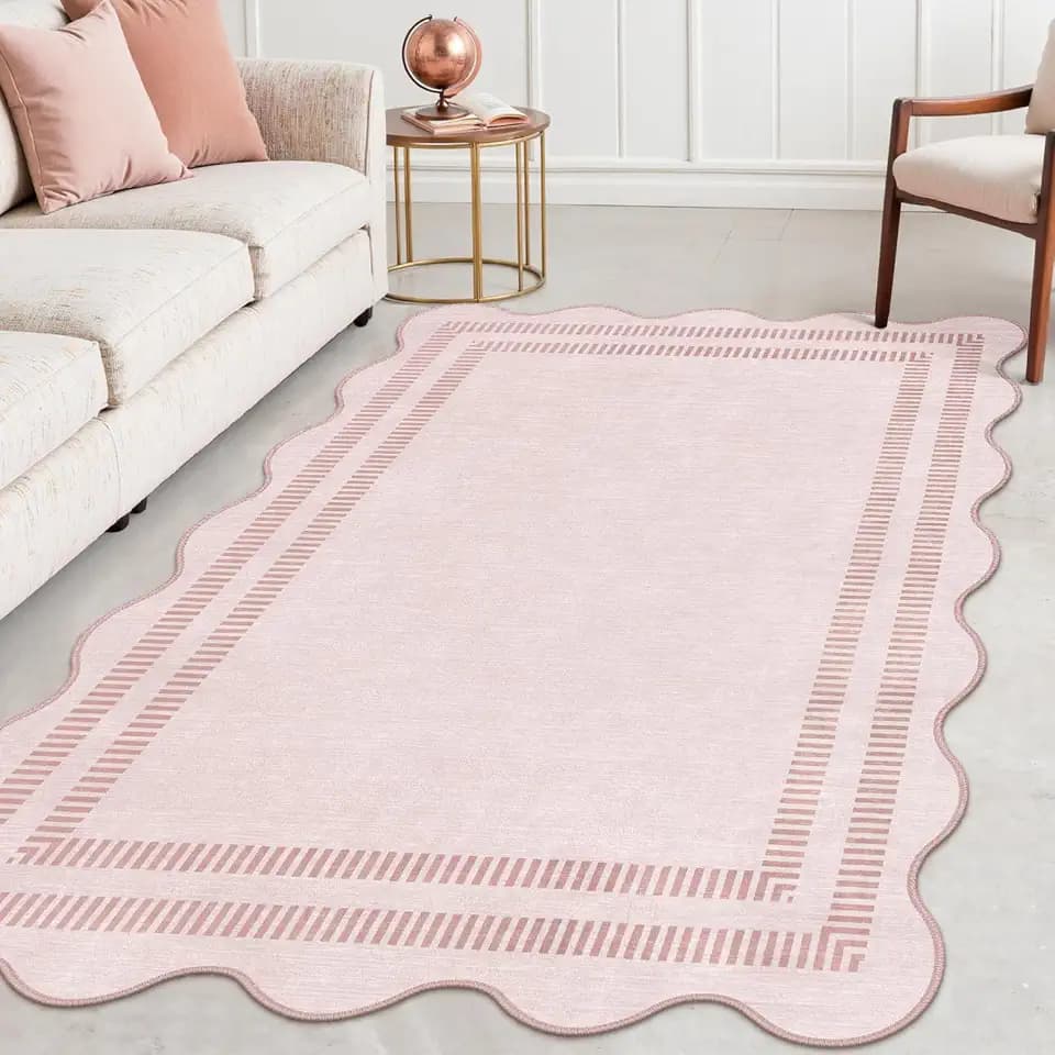 Washable 3x5 Indoor Entryway Rug, Solid Pink Non Slip Rugs for Bedroom Girls, Stain Resistant Scalloped Soft Carpet for Nursery Dorm Kitchen