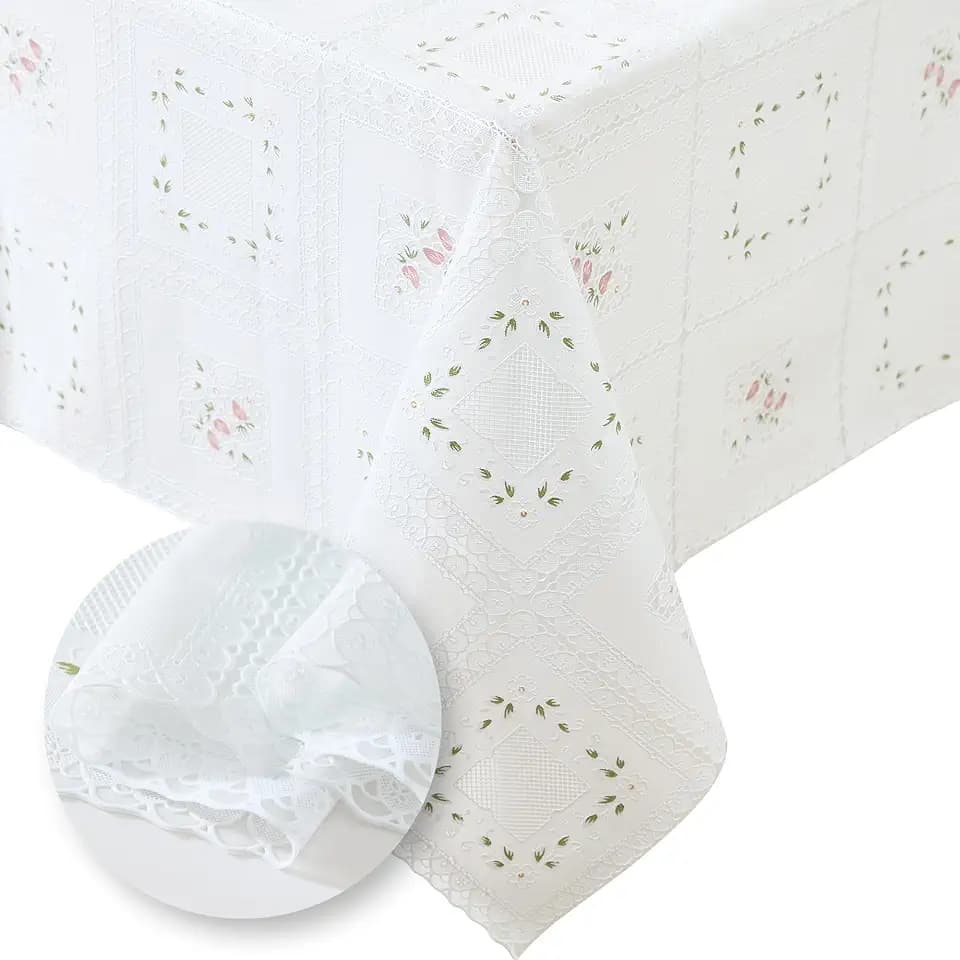 Threadmade Floral Lace-Inspired 3-Yard Cut-to-fit Vinyl Tablecloth/Table Protector, White - 54" W x 108" L