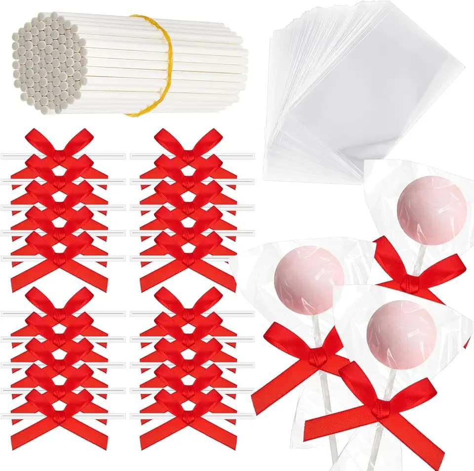 Honoson 50 Sets Cake Pop Sticks with Bags and Bows Kit, 6 Inch,Red