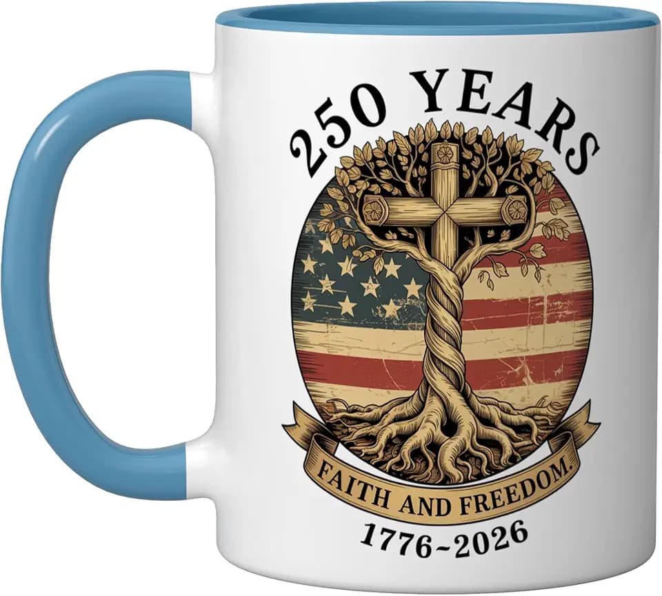 250 Years Bold Cross With Faith Family Freedom 4th Of July Ceramic Mug, Blue/White, 11oz