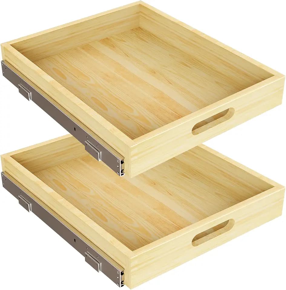 2 Set Pull Out Cabinet Organizer, Soft Close Slide Out Wood Drawer Storage Shelves for Kitchen, Base Cabinet Organization for Pantry, Finished, Heavy-Duty, Bottom Assembly (15” W x 21” D)