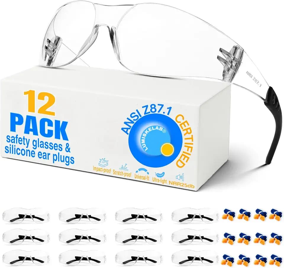 Clear Safety Glasses 12 Pack for Men & Women – ANSI Z87.1 Certified,12 Silicone Earplugs (NRR 25dB) – Impact Resistant Eyewear for DIY, Construction, Shooting, Labs, Lawn Mowing, Woodworking