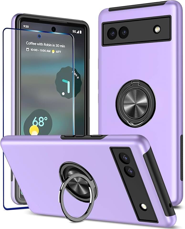 Hülle für Google Pixel 6A mit 1 Pack Schutzfolie, Handyhülle mit Eingebetteter 360° Grad Ring, Magnetische Schutzhülle Stoßfest Cover Case für Google Pixel 6A, Lila