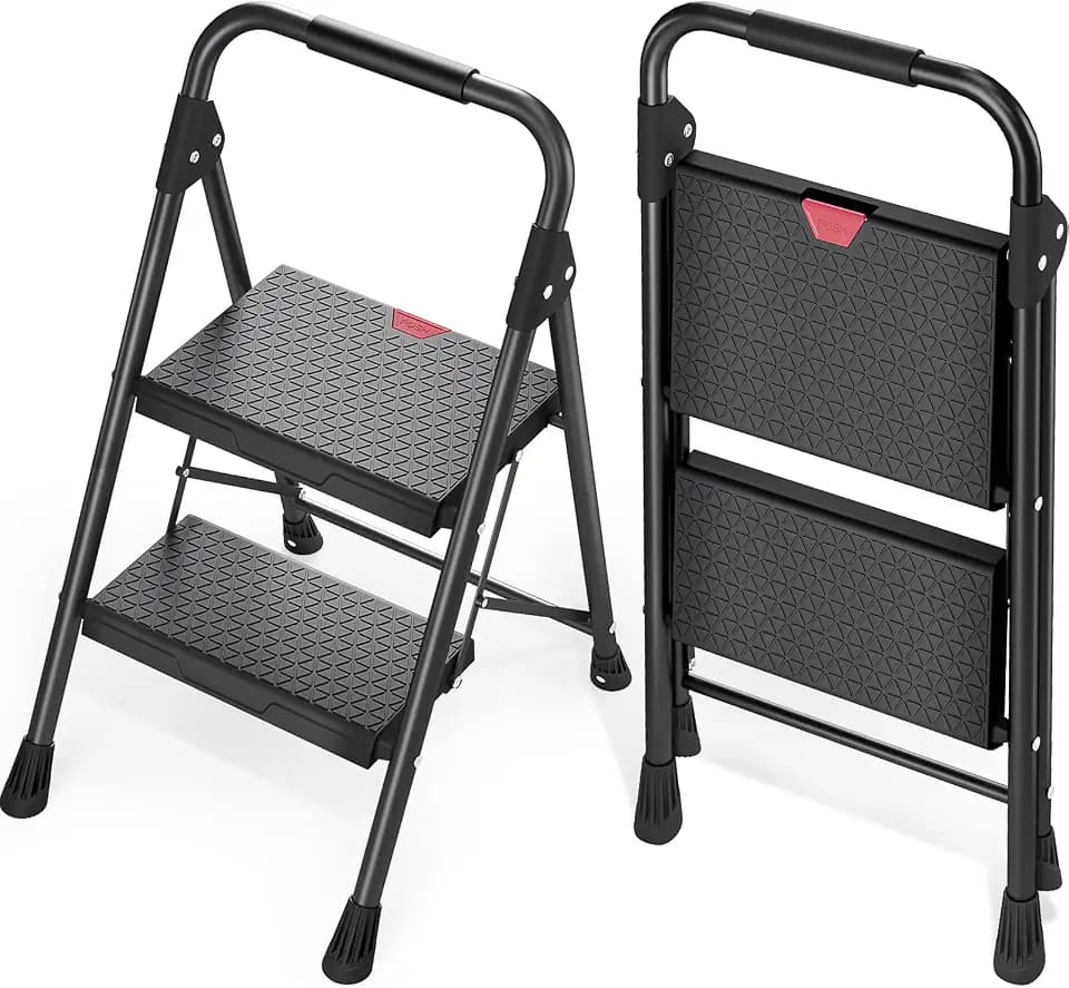 KINGRACK 2-Step Ladder with Handrail, Folding Steel Step Stool, Black