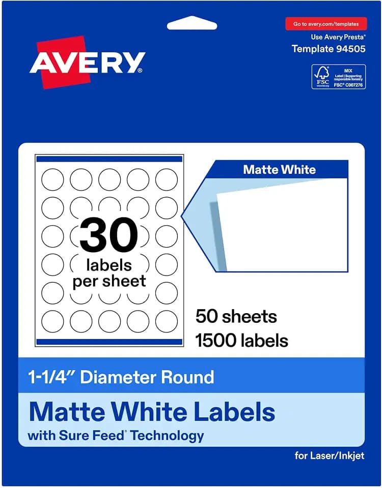 Avery Matte White Round Labels, Sure Feed Technology, 1.25" Diameter, 1,500 Matte White Printable Labels