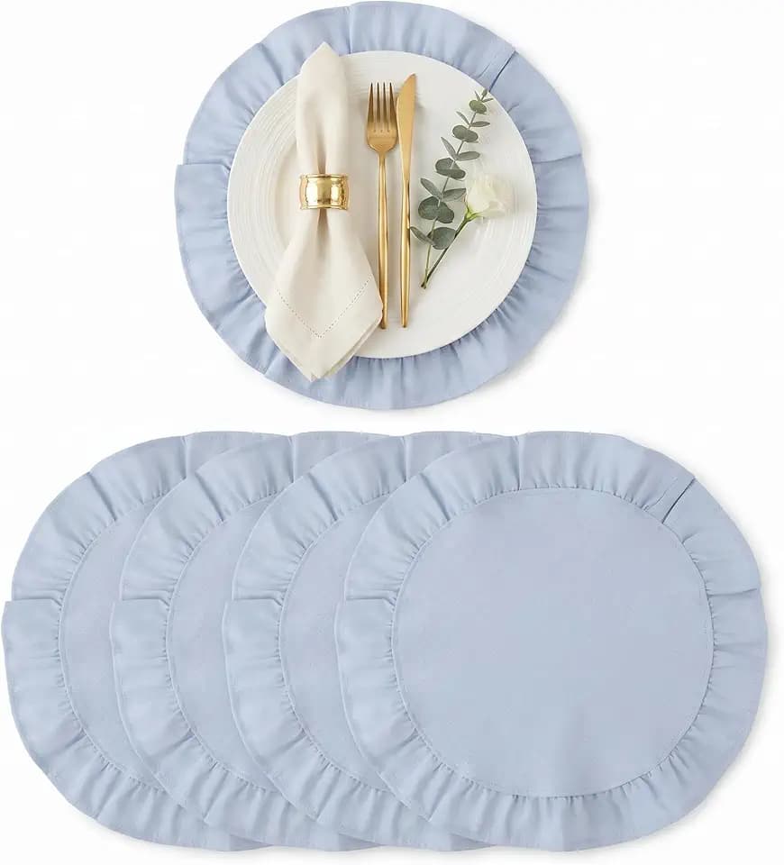 Round Ruffled Linen Blend Placemats, 15 Inch Scalloped Table Mats, Set of 4