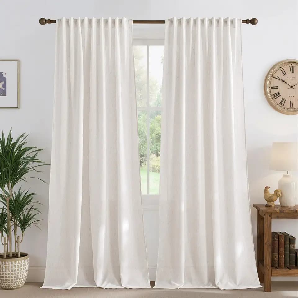 NICETOWN Thick Linen Cream Curtains 84 inches Long 2 Panels Set, Pleat Tape Semi Sheer Privacy Added with Light Filtering Window Treatments for Living Room/Bedroom, W52 x L84
