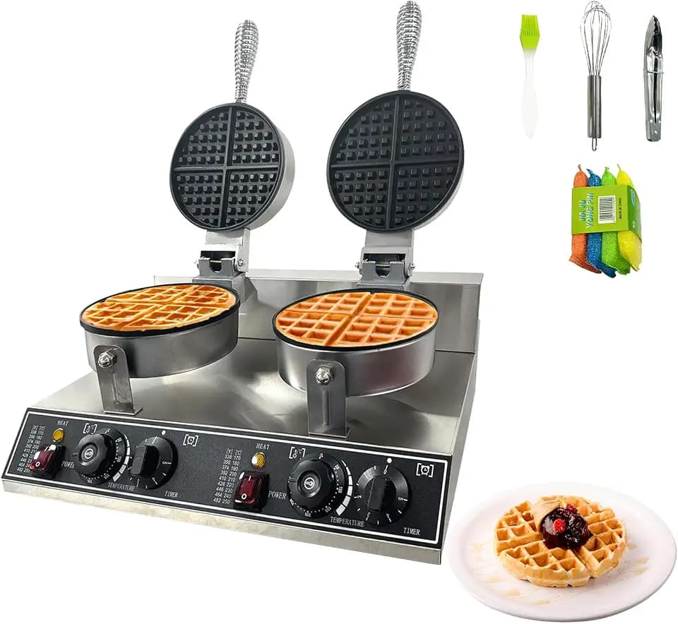 Commercial Double Waffle Maker 2400W, Round Belgian Waffle Iron with Timer & Temp Control (122-572°F), Non-Stick Teflon Coating, Stainless Steel Body for Restaurant & Home Use