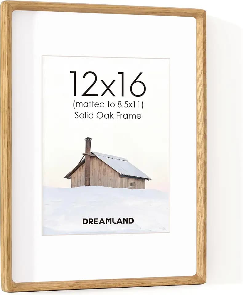 Dreamland 12x16 Picture Frame, USA-Sourced Oak Wood Photo Frames with HD Tempered Glass, 12 x 16 Wooden Frame Matted to 8.5 x 11, 12x16 Frames Handcrafted Rounded Corner for Tabletop or Wall Display