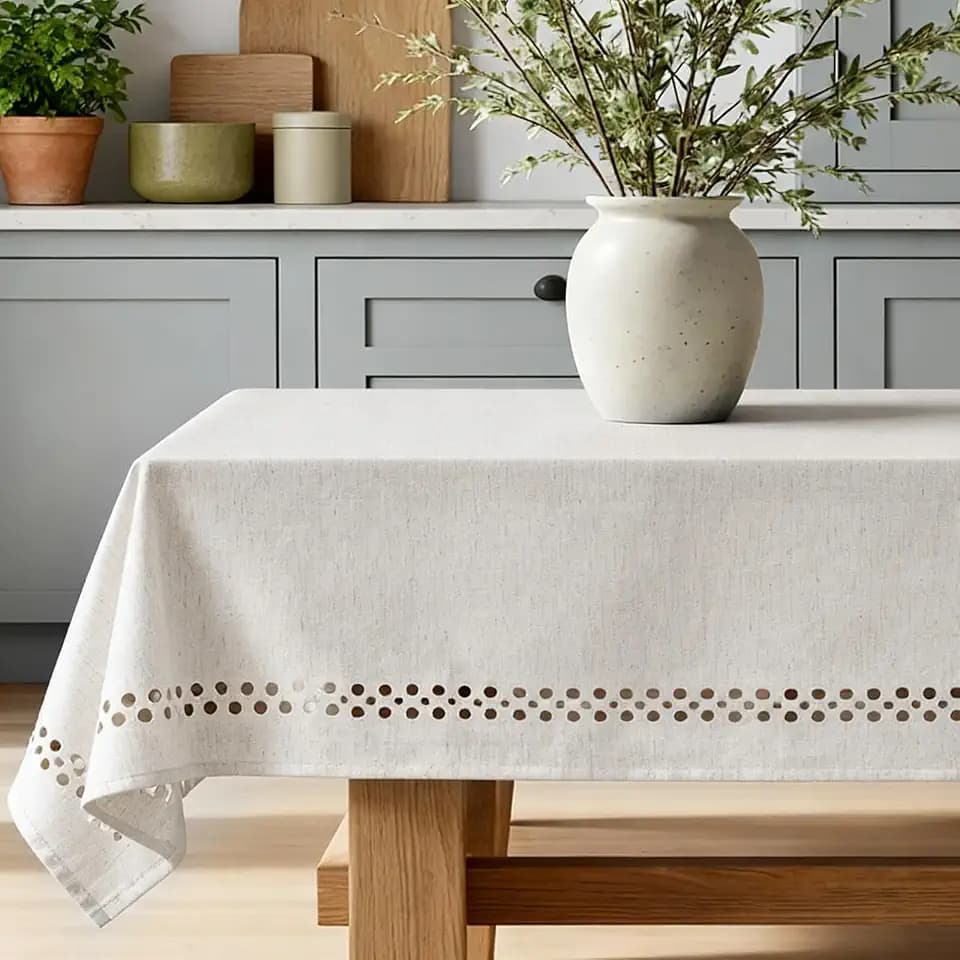 Natural Cotton Linen Rectangle Tablecloth 70x52 with Decorative Cutouts