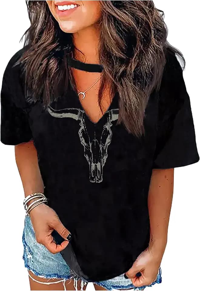 Hollow Out T Shirts for Women Nashville Western Graphic Shirts Country Cowgirls Shirts Casual Short Sleeve V Neck Tops